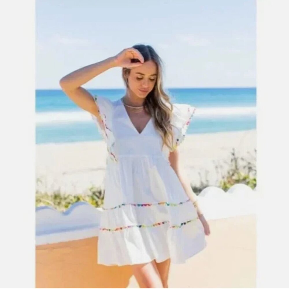 Crosby by Mollie Burch Holden White Tiered Mini Dress Rainbow Scalloped 8/10